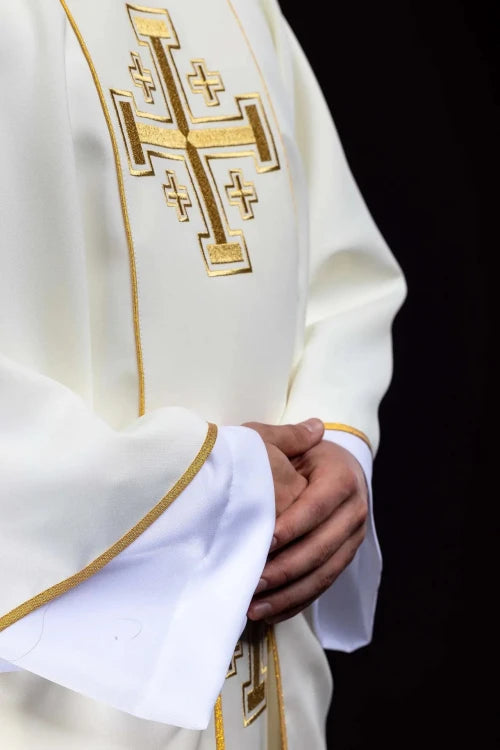 Ecru Chasuble with embroidered band with Jerusalem crosses — back view