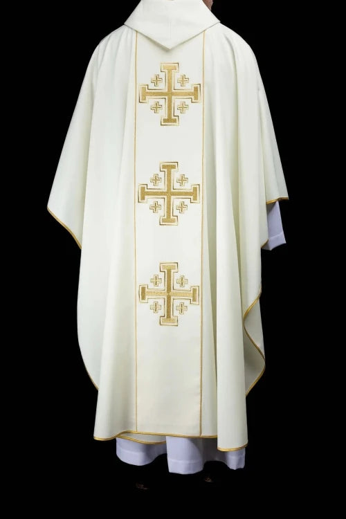 Ecru Chasuble with embroidered band with Jerusalem crosses — side view