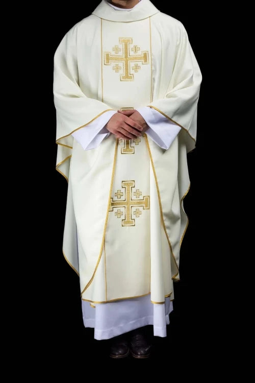 Ecru Chasuble with embroidered band with Jerusalem crosses — collar detail