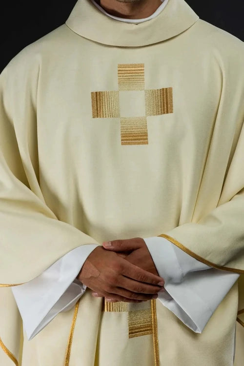 Ecru Chasuble with embroidered crosses — full view
