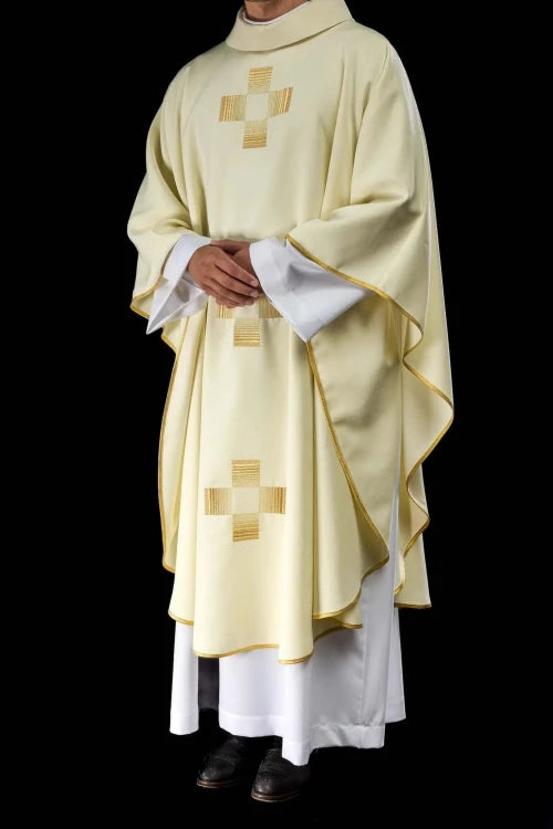 Ecru Chasuble with embroidered crosses — fabric detail