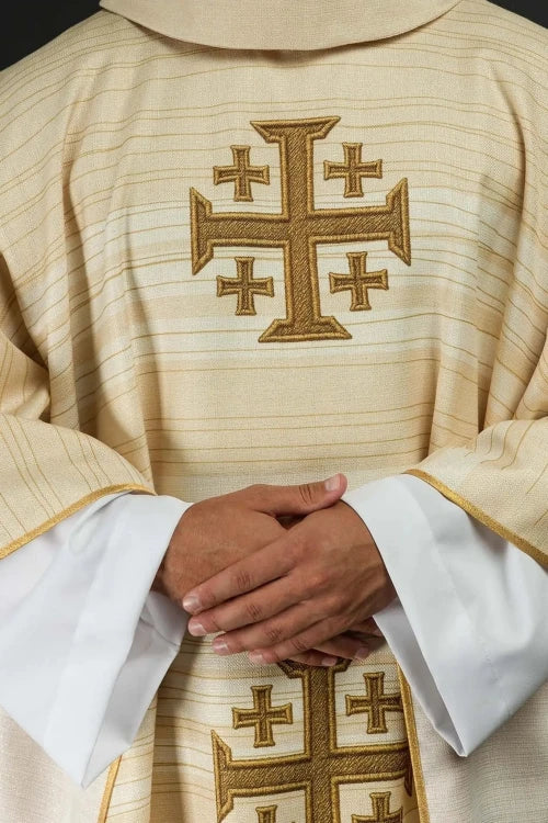 Ecru Chasuble with printed Jerusalem cross — front view