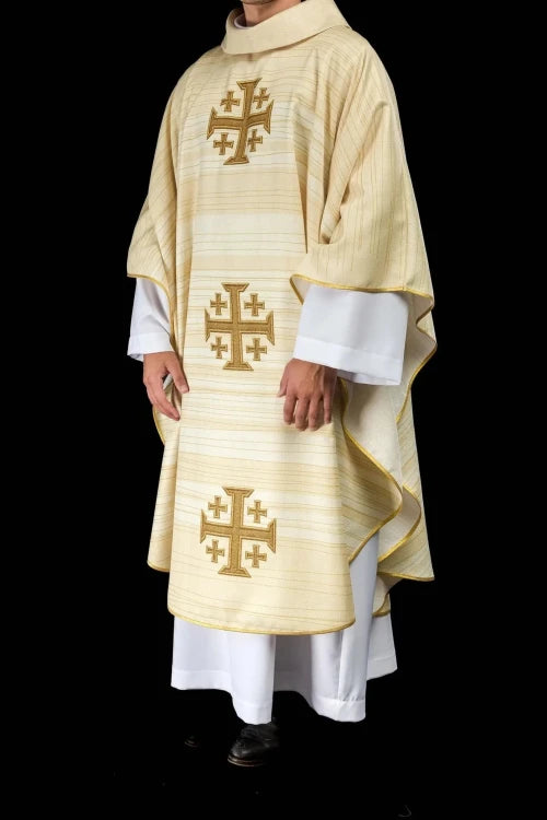 Ecru Chasuble with printed Jerusalem cross — full view