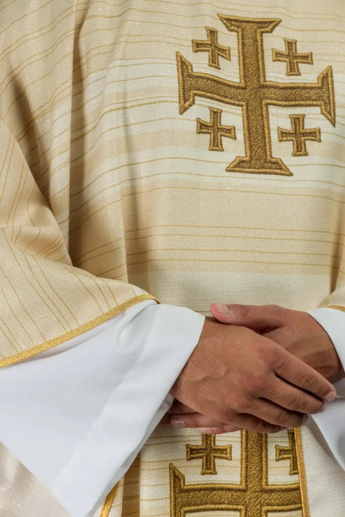 Ecru Chasuble with printed Jerusalem cross — back view