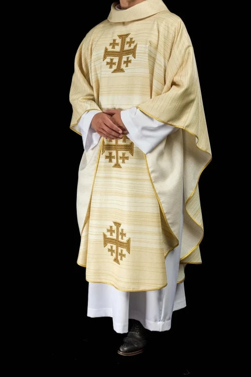Ecru Chasuble with printed Jerusalem cross — vestment detail
