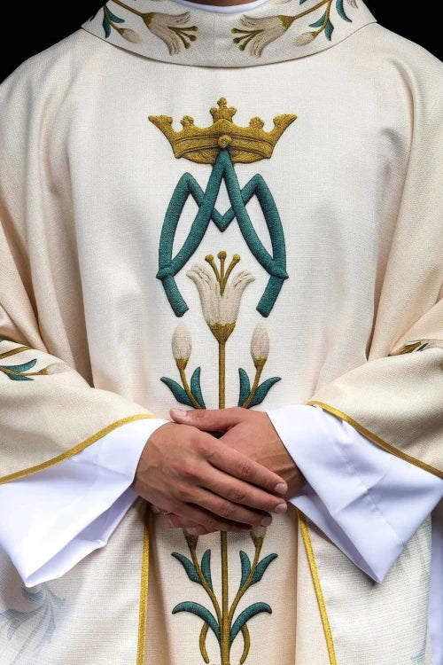 Ecru Chasuble with printed lilies and Marian motif — front view