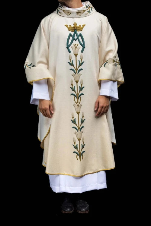 Ecru Chasuble with printed lilies and Marian motif — full view