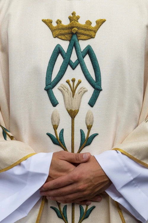 Ecru Chasuble with printed lilies and Marian motif — back view