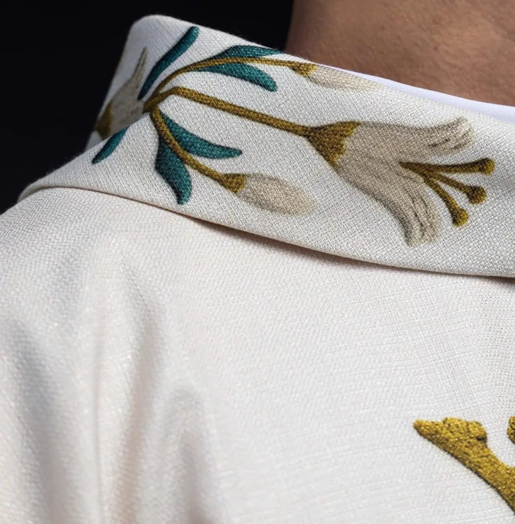 Ecru Chasuble with printed lilies and Marian motif — close-up detail