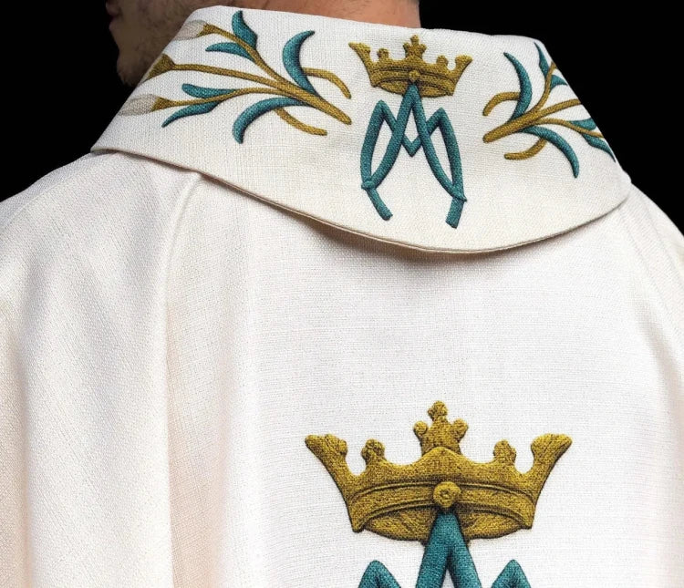 Ecru Chasuble with printed lilies and Marian motif — side view