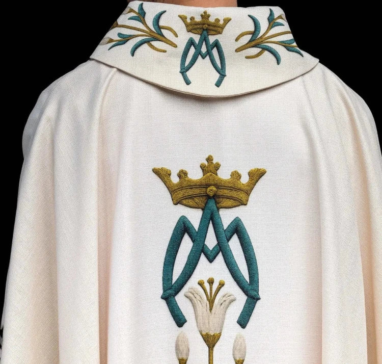 Ecru Chasuble with printed lilies and Marian motif — collar detail