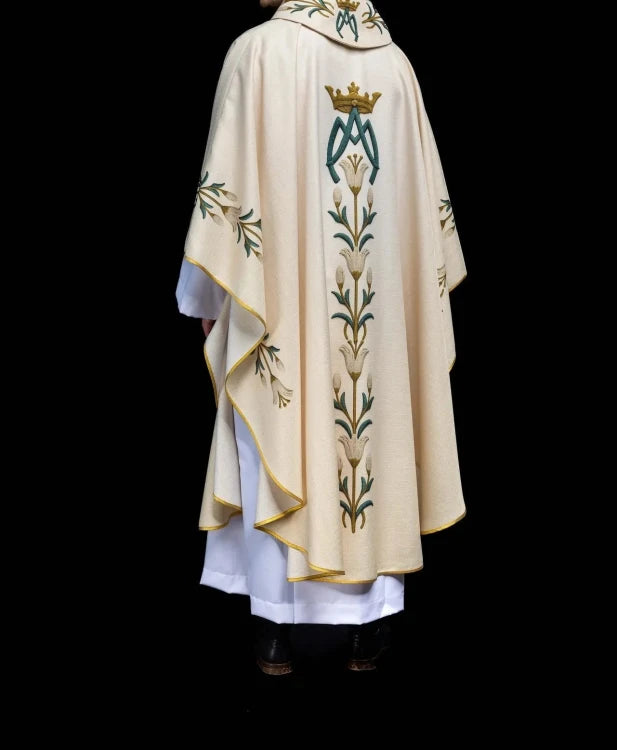 Ecru Chasuble with printed lilies and Marian motif — fabric detail