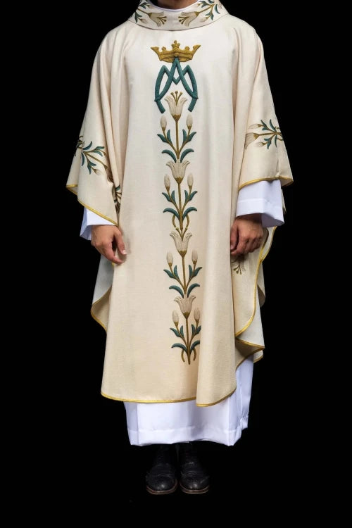 Ecru Chasuble with printed lilies and Marian motif — vestment detail