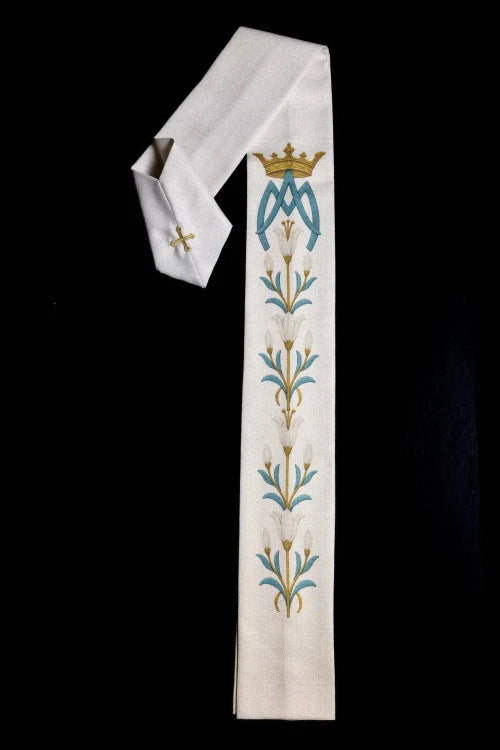Ecru Chasuble with printed lilies and Marian motif — additional view