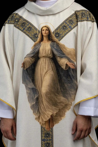 Ecru Chasuble with printed image of Our Lady of the Assumption — front view