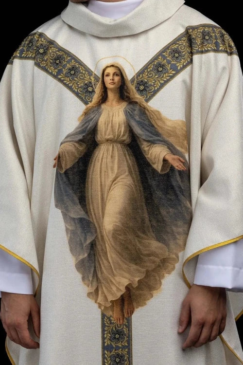 Ecru Chasuble with printed image of Our Lady of the Assumption — front view
