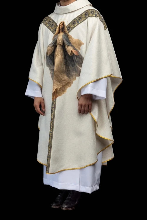 Ecru Chasuble with printed image of Our Lady of the Assumption — full view