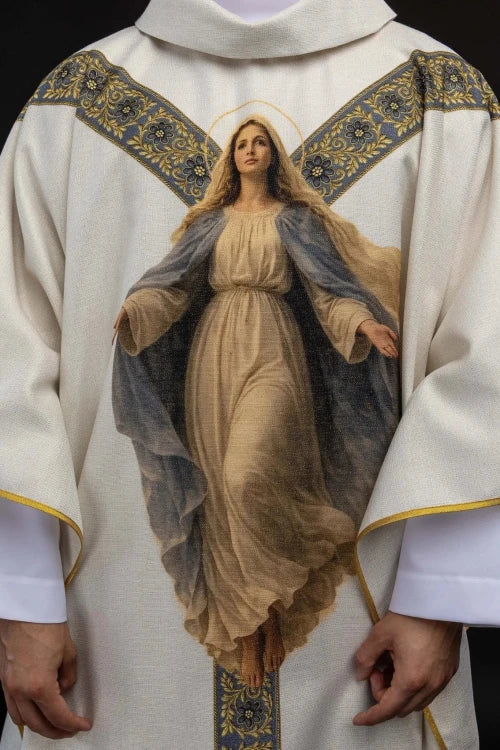 Ecru Chasuble with printed image of Our Lady of the Assumption — decoration detail