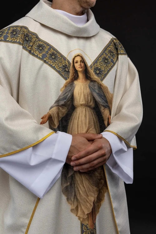 Ecru Chasuble with printed image of Our Lady of the Assumption — back view