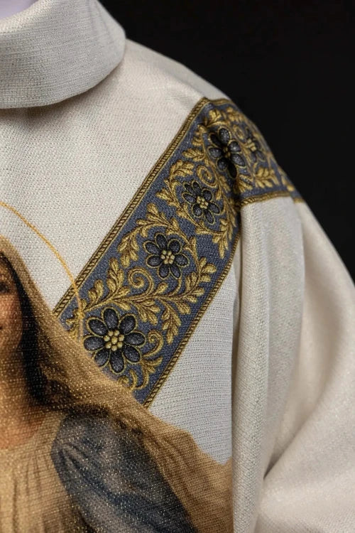 Ecru Chasuble with printed image of Our Lady of the Assumption — close-up detail