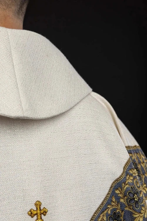 Ecru Chasuble with printed image of Our Lady of the Assumption — side view