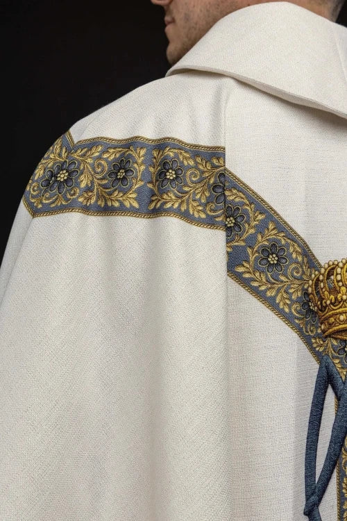 Ecru Chasuble with printed image of Our Lady of the Assumption — collar detail