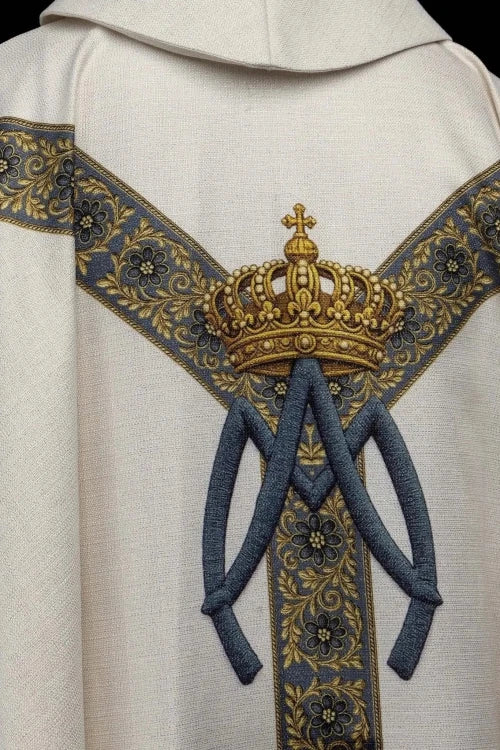 Ecru Chasuble with printed image of Our Lady of the Assumption — fabric detail