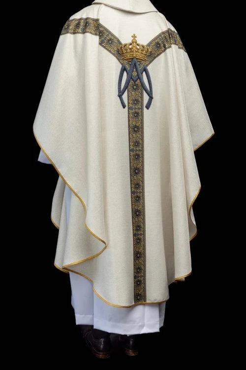 Ecru Chasuble with printed image of Our Lady of the Assumption — vestment detail