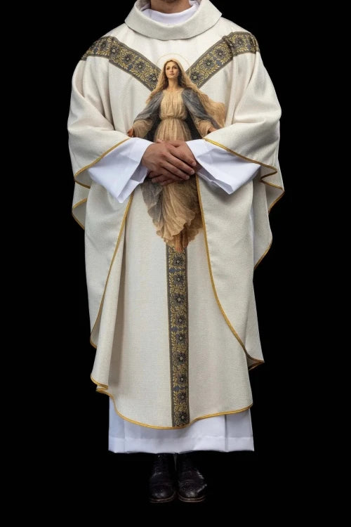 Ecru Chasuble with printed image of Our Lady of the Assumption — additional view