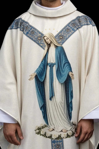 Ecru Chasuble with printed Immaculate Conception image — front view