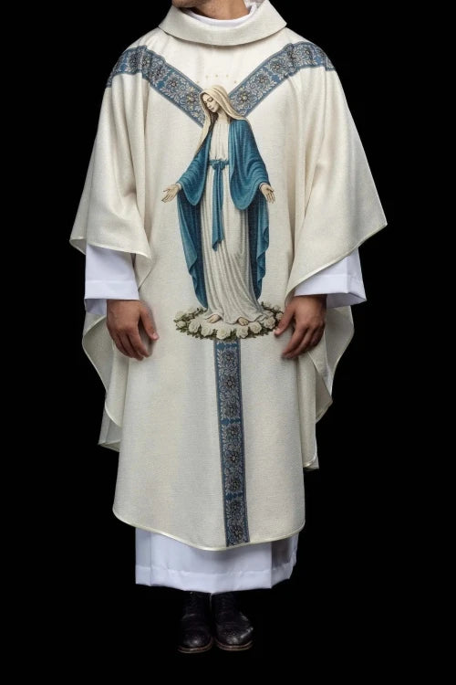 Ecru Chasuble with printed Immaculate Conception image — full view