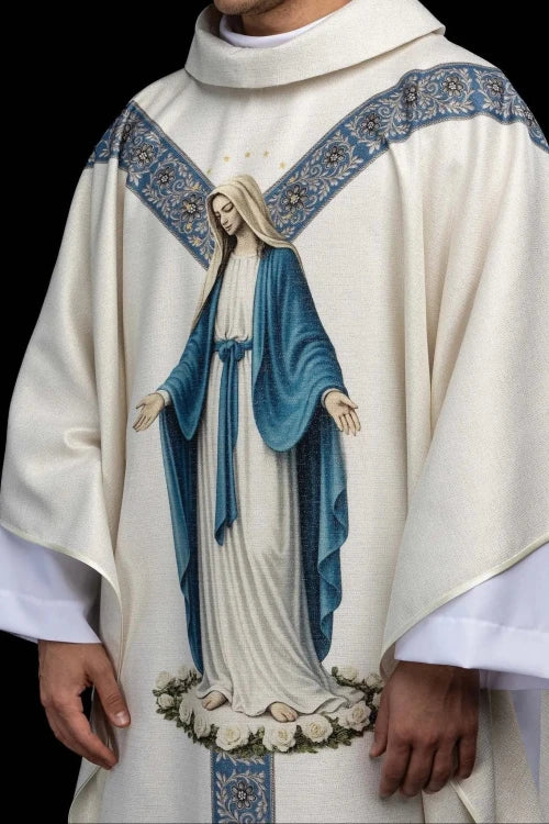 Ecru Chasuble with printed Immaculate Conception image — decoration detail