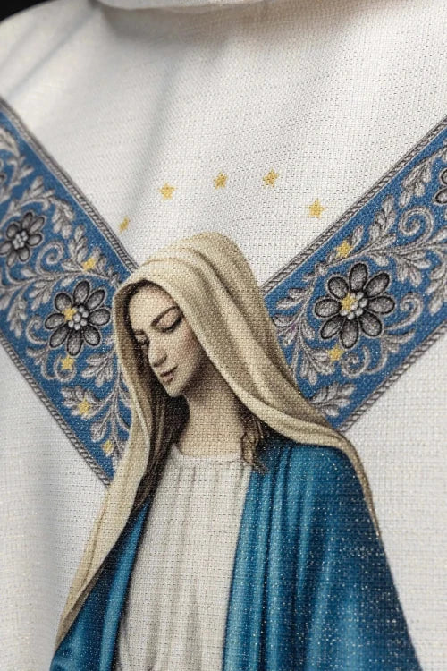 Ecru Chasuble with printed Immaculate Conception image — back view