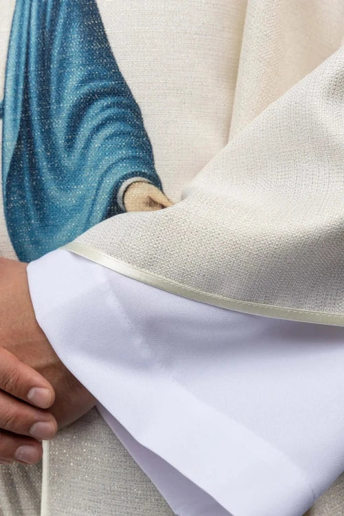 Ecru Chasuble with printed Immaculate Conception image — close-up detail