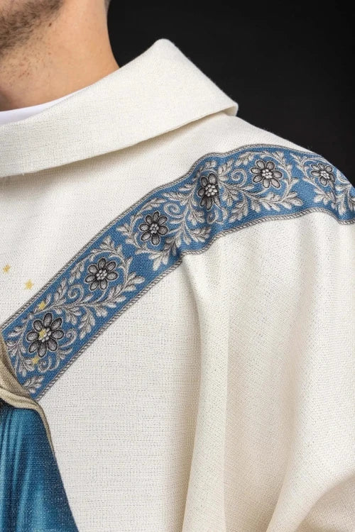Ecru Chasuble with printed Immaculate Conception image — side view