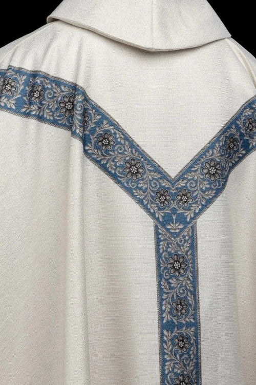 Ecru Chasuble with printed Immaculate Conception image — fabric detail