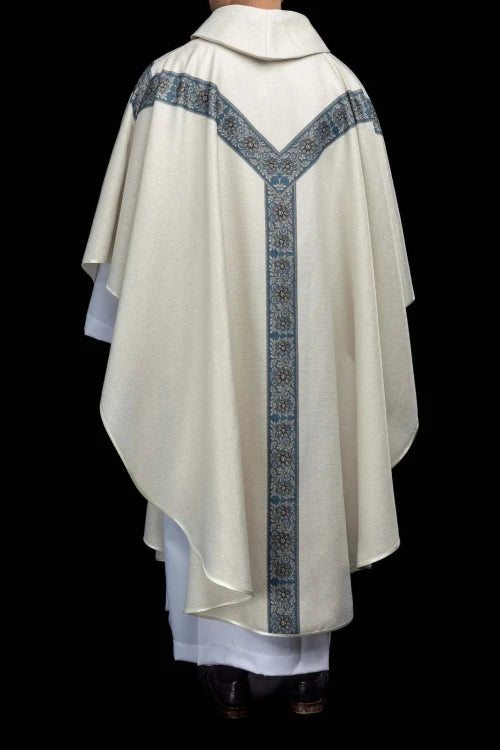 Ecru Chasuble with printed Immaculate Conception image — vestment detail