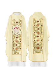 Ecru Chasuble with embroidered Lamb of God — front view