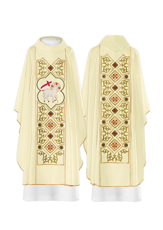 Ecru Chasuble with embroidered Lamb of God — front view