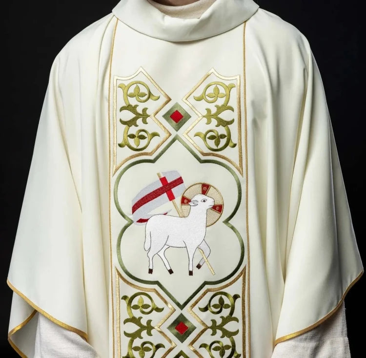 Ecru Chasuble with embroidered Lamb of God — full view