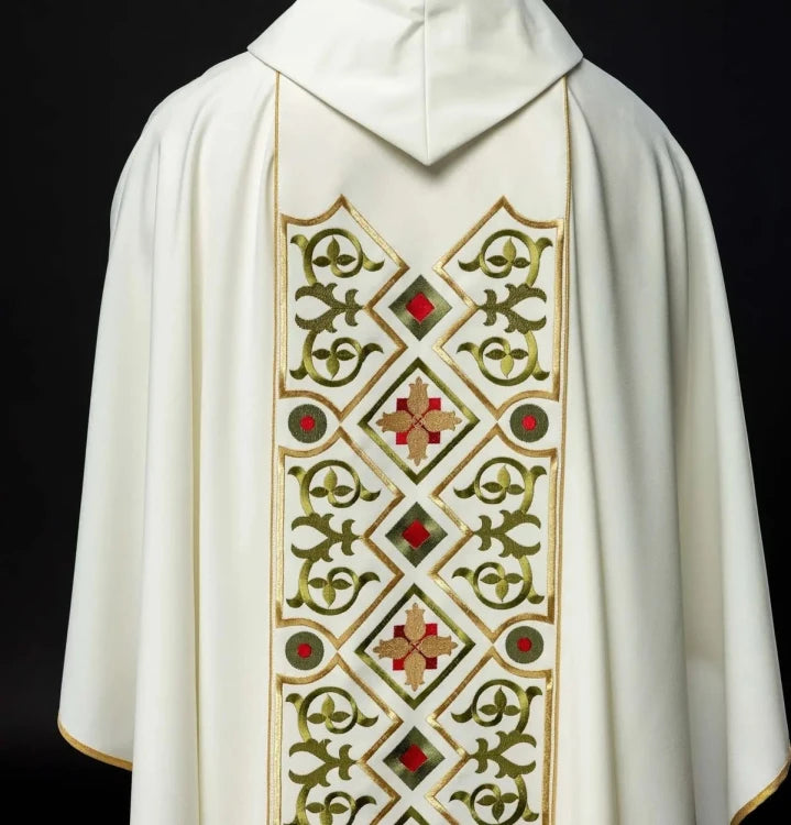 Ecru Chasuble with embroidered Lamb of God — back view