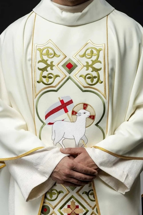 Ecru Chasuble with embroidered Lamb of God — side view