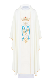 Ecru Chasuble with crowned Marian embroidery — front view