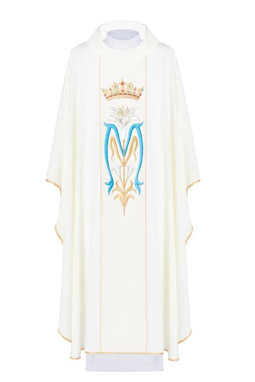 Ecru Chasuble with crowned Marian embroidery — front view