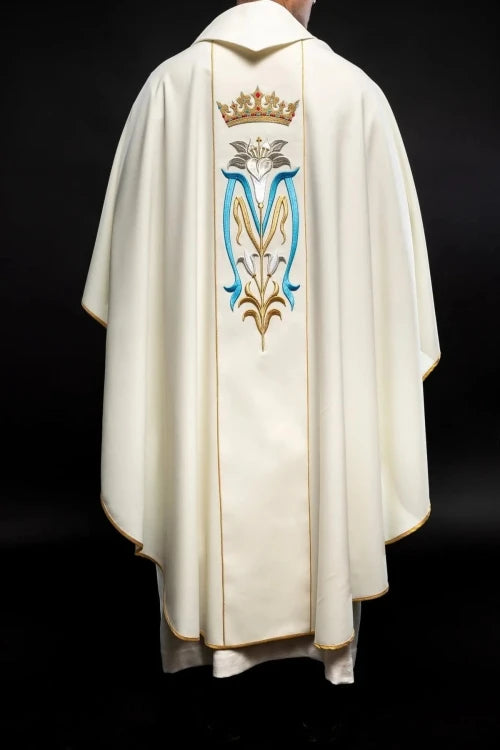 Ecru Chasuble with crowned Marian embroidery — back view