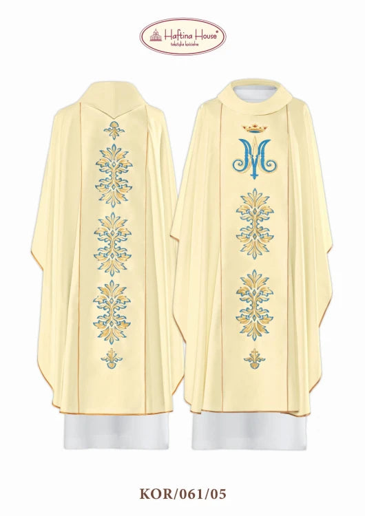 Ecru Chasuble with embroidered Marian symbol — full view