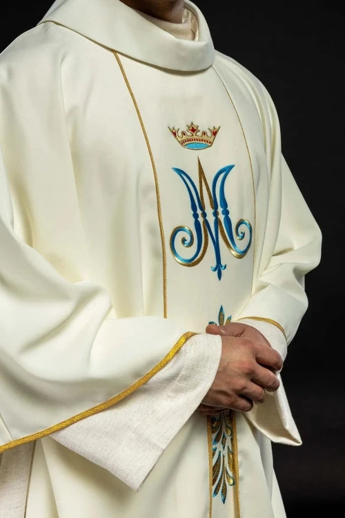 Ecru Chasuble with embroidered Marian symbol — back view