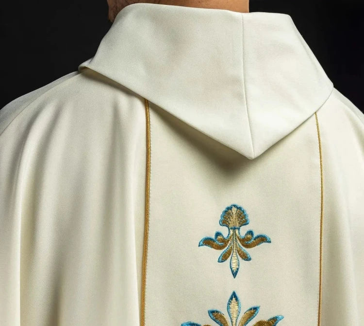 Ecru Chasuble with embroidered Marian symbol — close-up detail