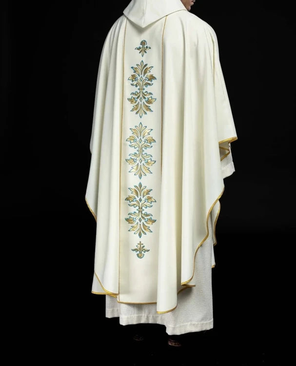 Ecru Chasuble with embroidered Marian symbol — side view