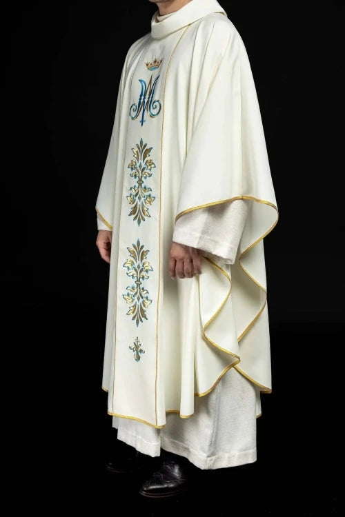 Ecru Chasuble with embroidered Marian symbol — collar detail
